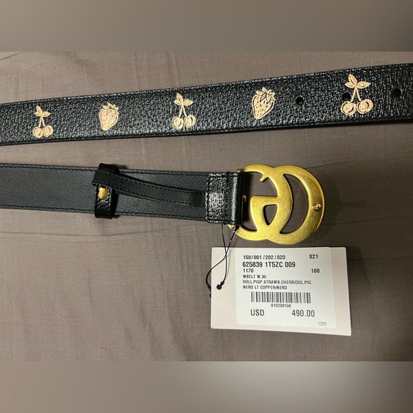 New Gucci Belt GG marmont Belt Black leather belt Cherry Strawberry size 100 - Picture 4 of 10
